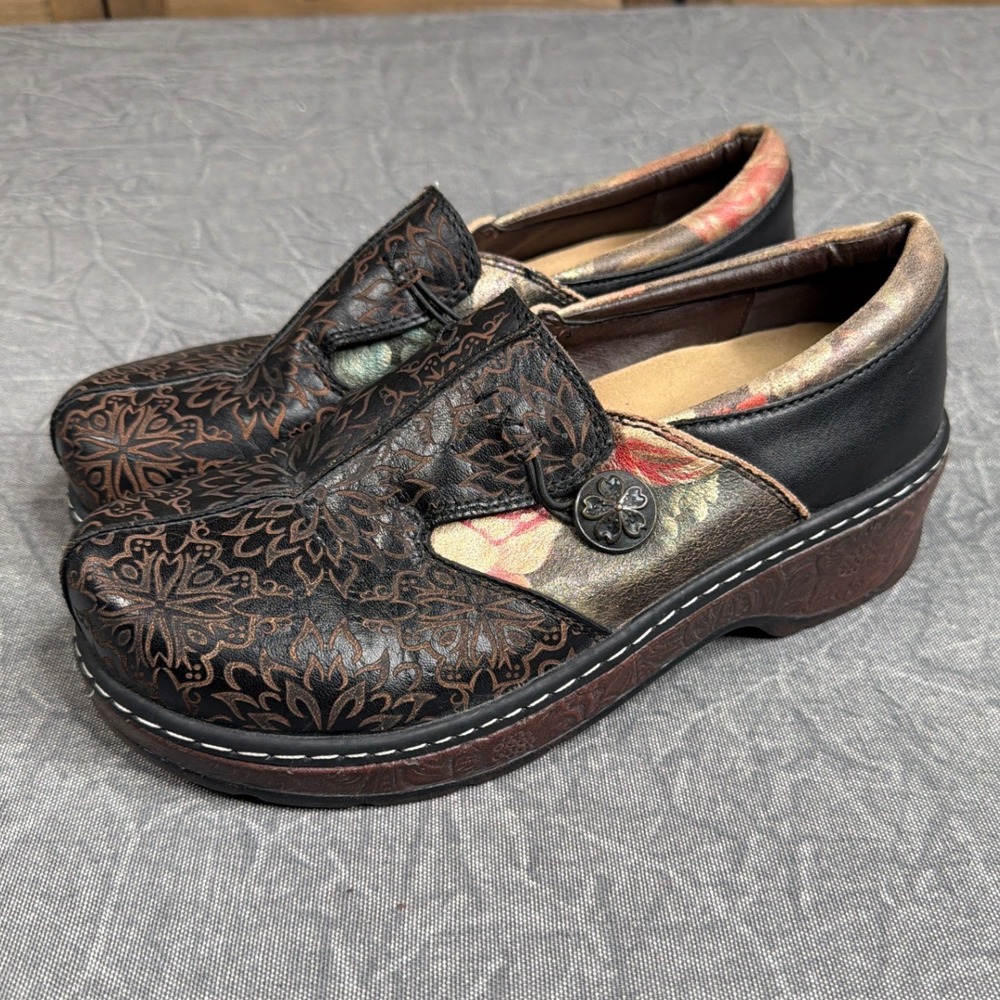 Spring Step Clogs Womens 39 L'Artiste Floral Leather Slip On Black Brown Multi